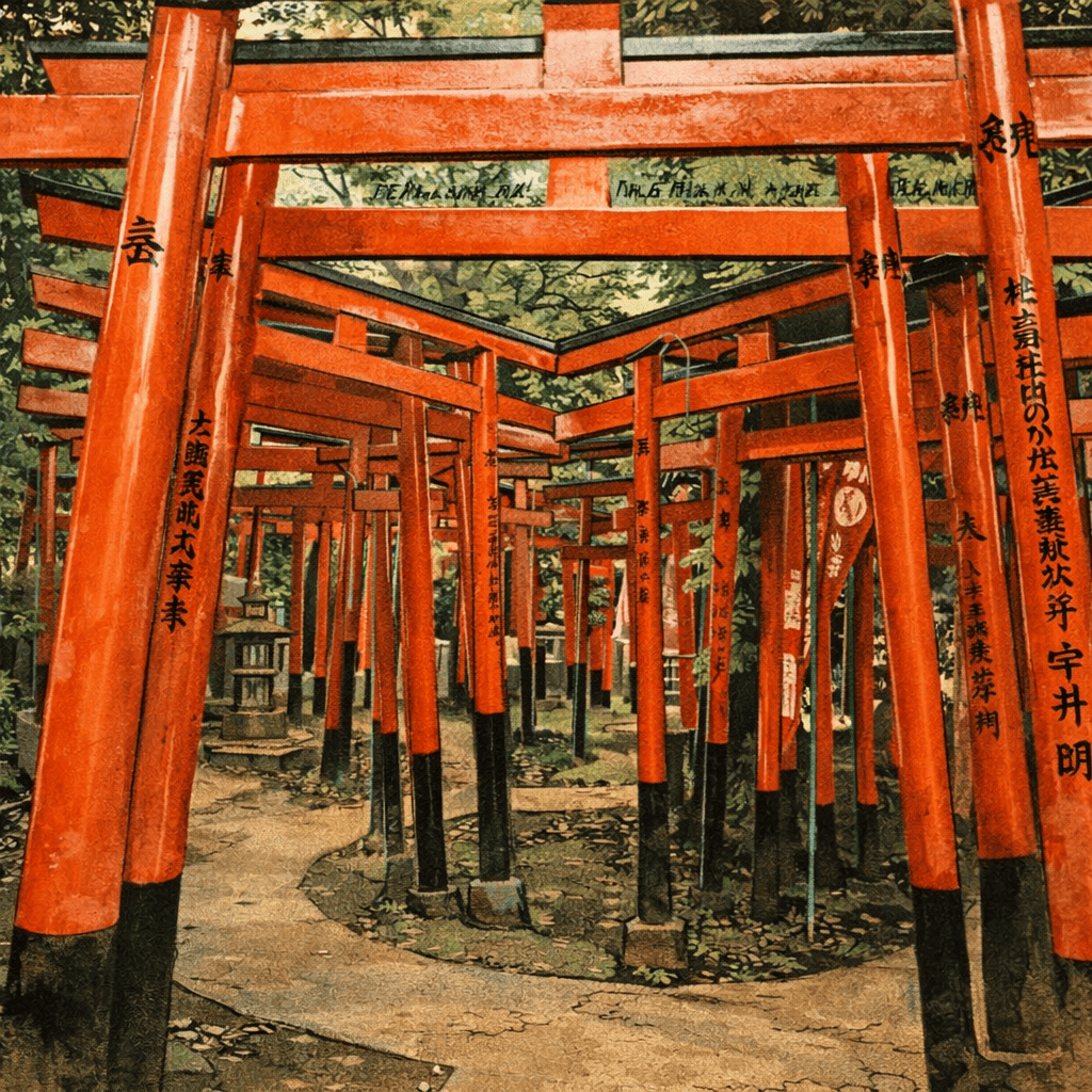 The torii tunnel at Higashi Fushimi Inari Shrine — rows of vermilion torii gates forming a winding path through the wooded hillside