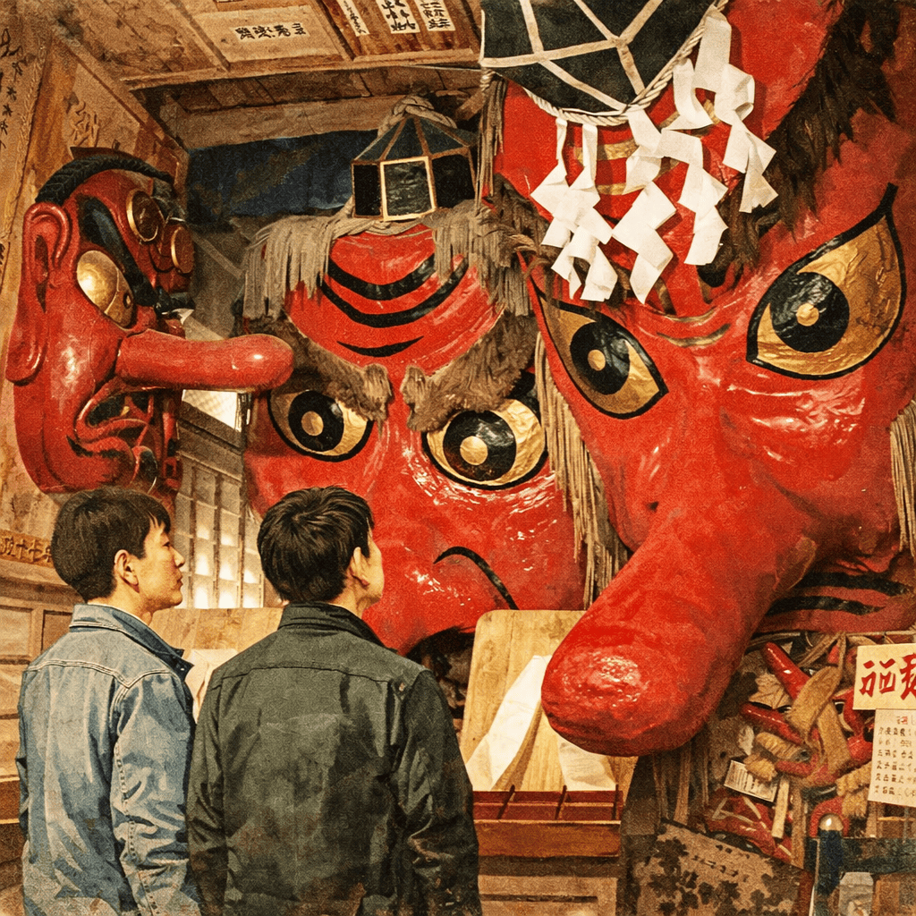 The giant daitengu mask at Kashozan Ryugein — the largest tengu mask in Japan, standing 6.5 meters tall with a 2.8-meter nose, painted in vivid red