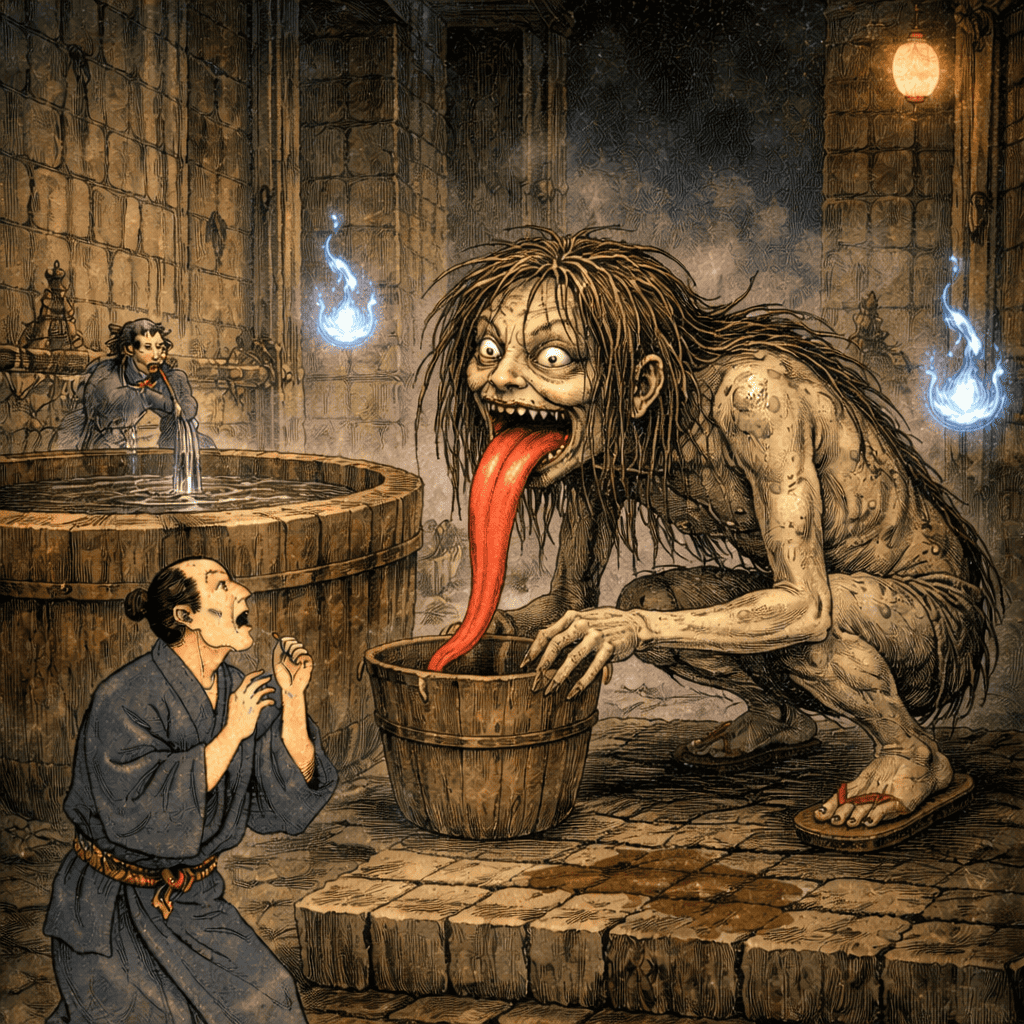 Realistic AI art of Japanese Yokai Akaname — a filth-licking bathroom spirit of Japanese folklore
