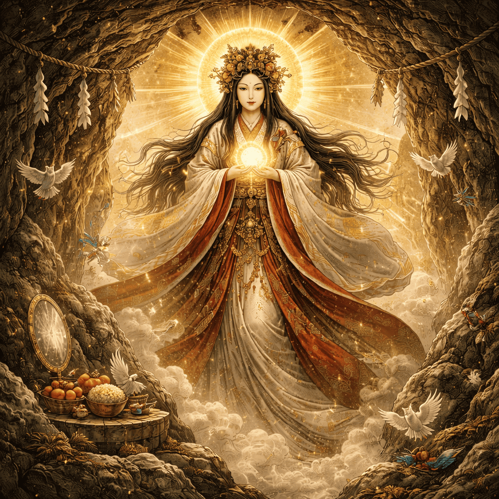 Realistic AI art of Japanese Goddess Amaterasu — the radiant sun goddess of Shinto mythology