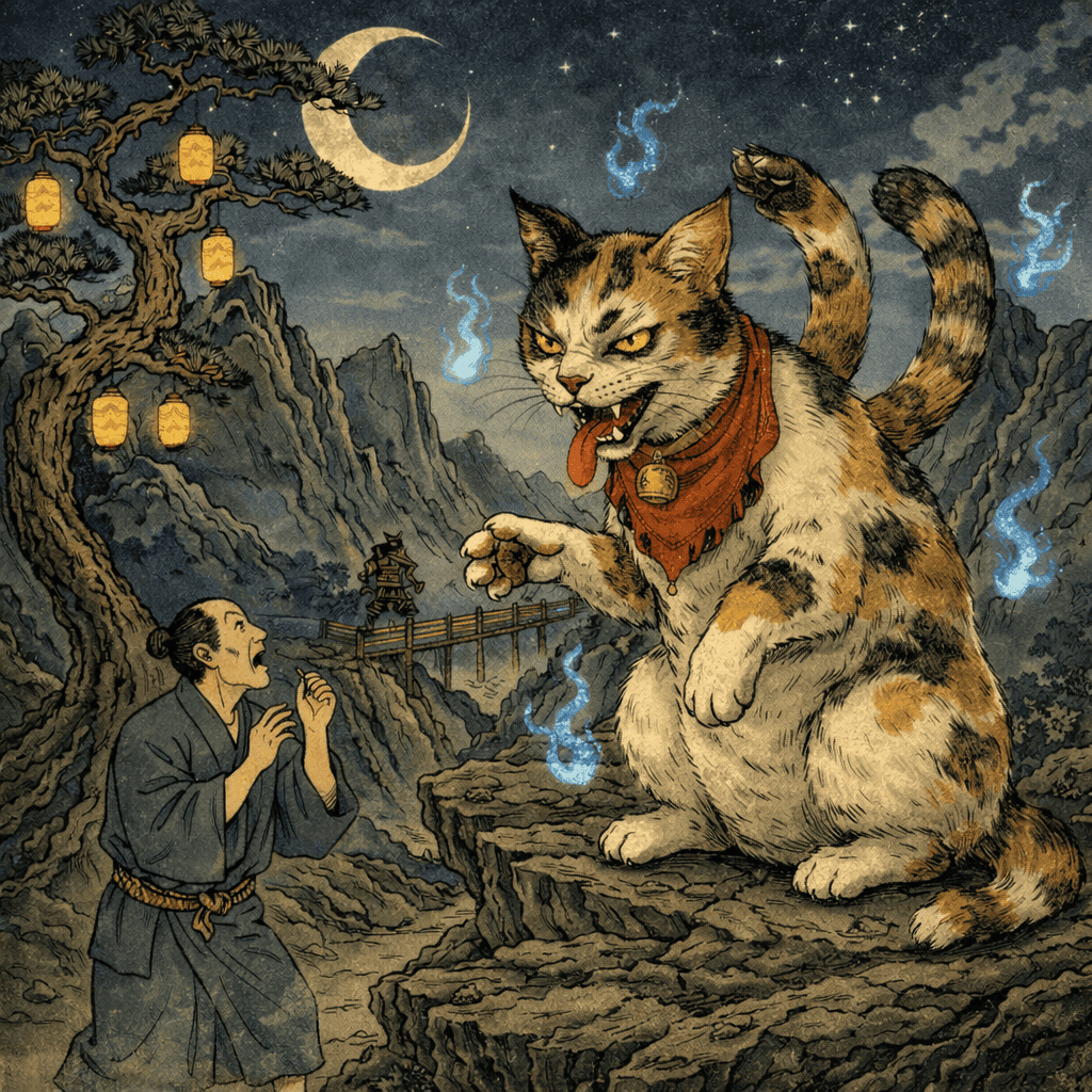 Realistic AI art of Japanese Yokai Bakeneko — a supernatural shape-shifting cat demon