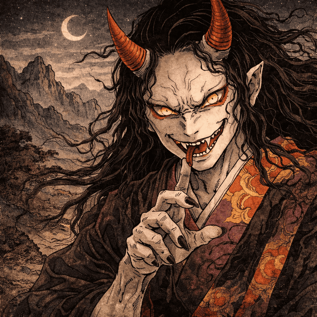 Realistic AI art of a fearsome Japanese Oni demon — the supernatural creature behind Demon Slayer's villain design