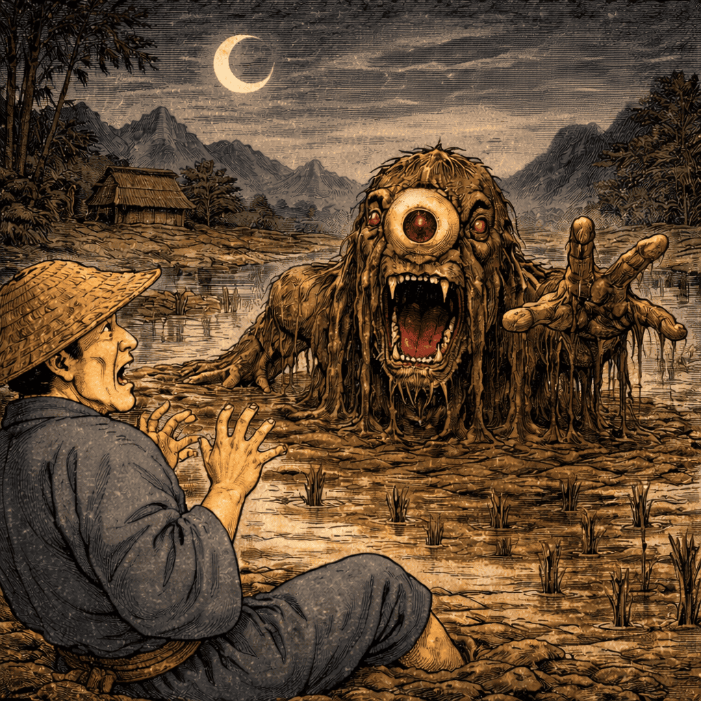 Realistic AI art of Japanese Yokai Dorotabo — a one-eyed arm rising from an abandoned rice field