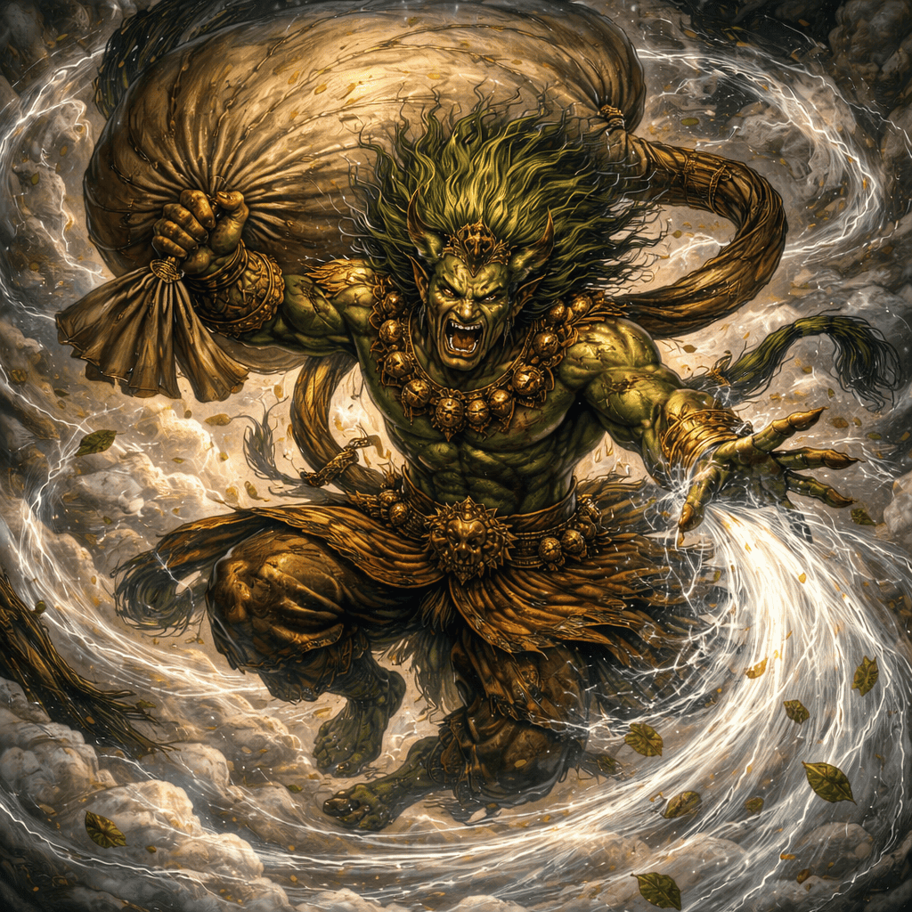 Realistic AI art of Japanese God Fujin — the wind god carrying a bag of winds