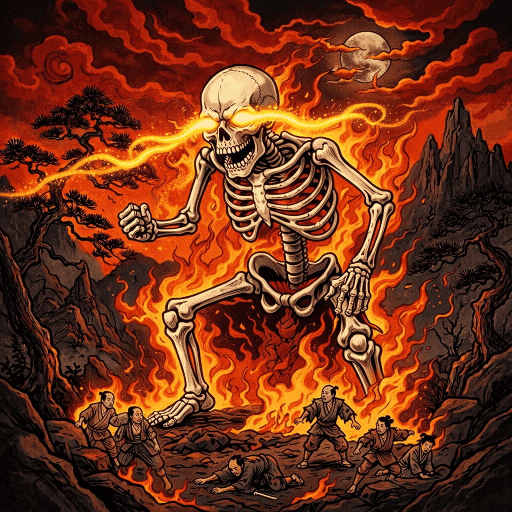 Realistic AI art of Japanese Yokai Gashadokuro — a colossal skeleton made of fallen soldiers