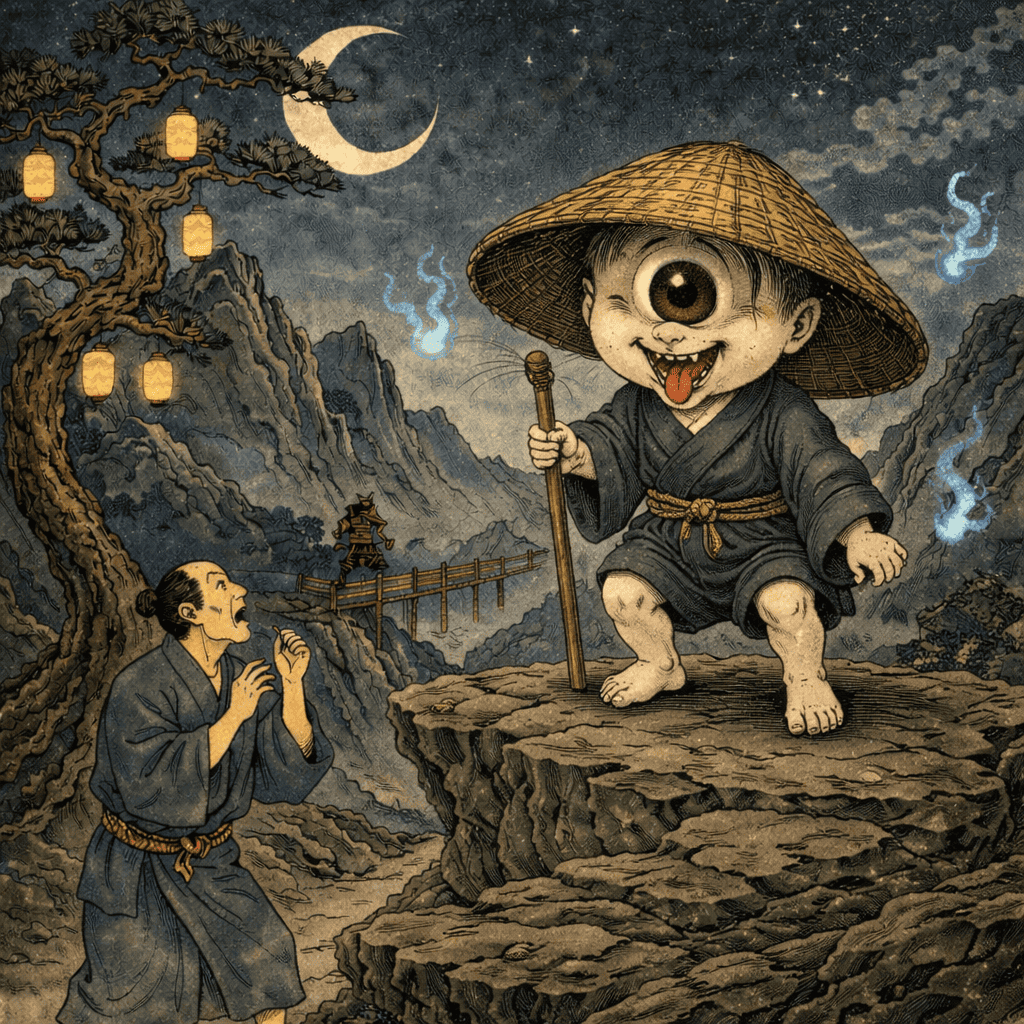 Realistic AI art of Japanese Yokai Hitotsume-kozo — a one-eyed young monk trickster spirit