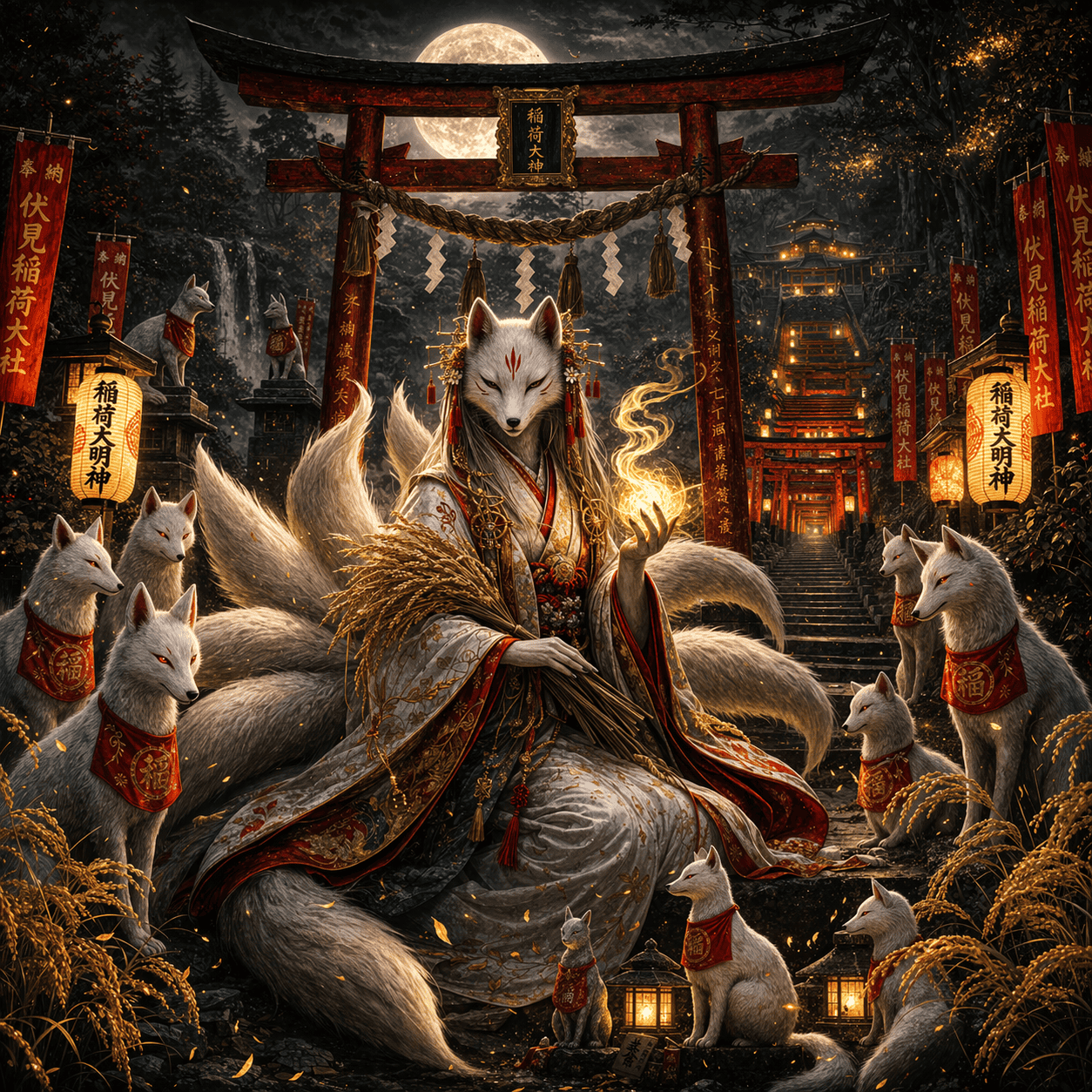 Realistic AI art of Japanese God Inari — the fox deity of rice fortune and prosperity