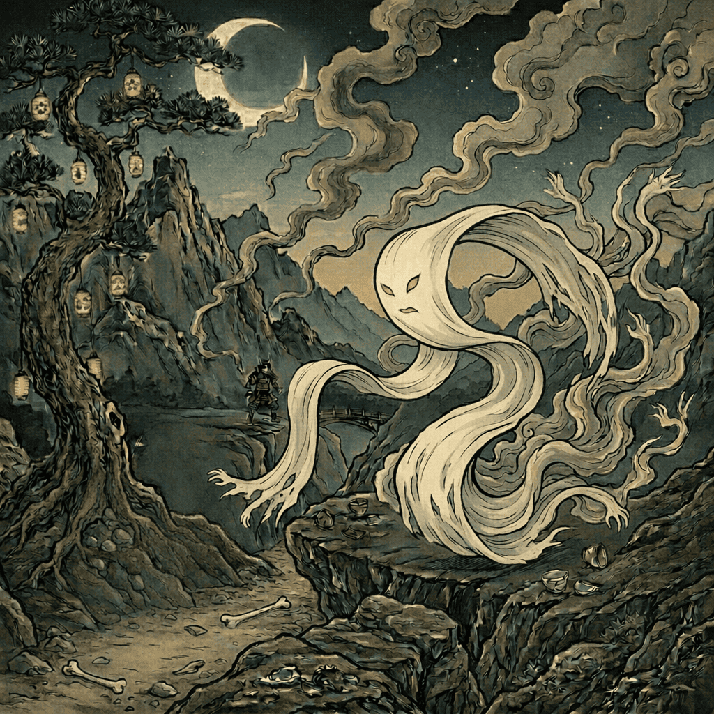 Realistic AI art of Japanese Yokai Ittan-momen — a flying white cloth spirit of Kagoshima folklore