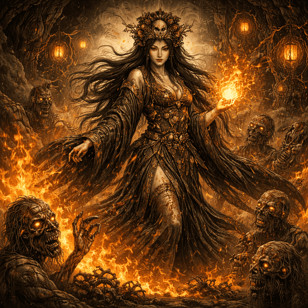 Realistic AI art of Japanese Goddess Izanami — the death goddess and queen of the underworld