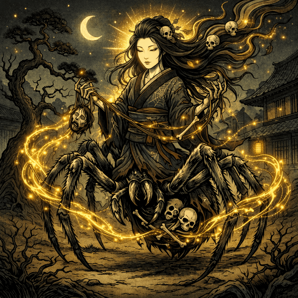 Realistic AI art of Japanese Yokai Jorogumo — a spider demon woman in elaborate kimono