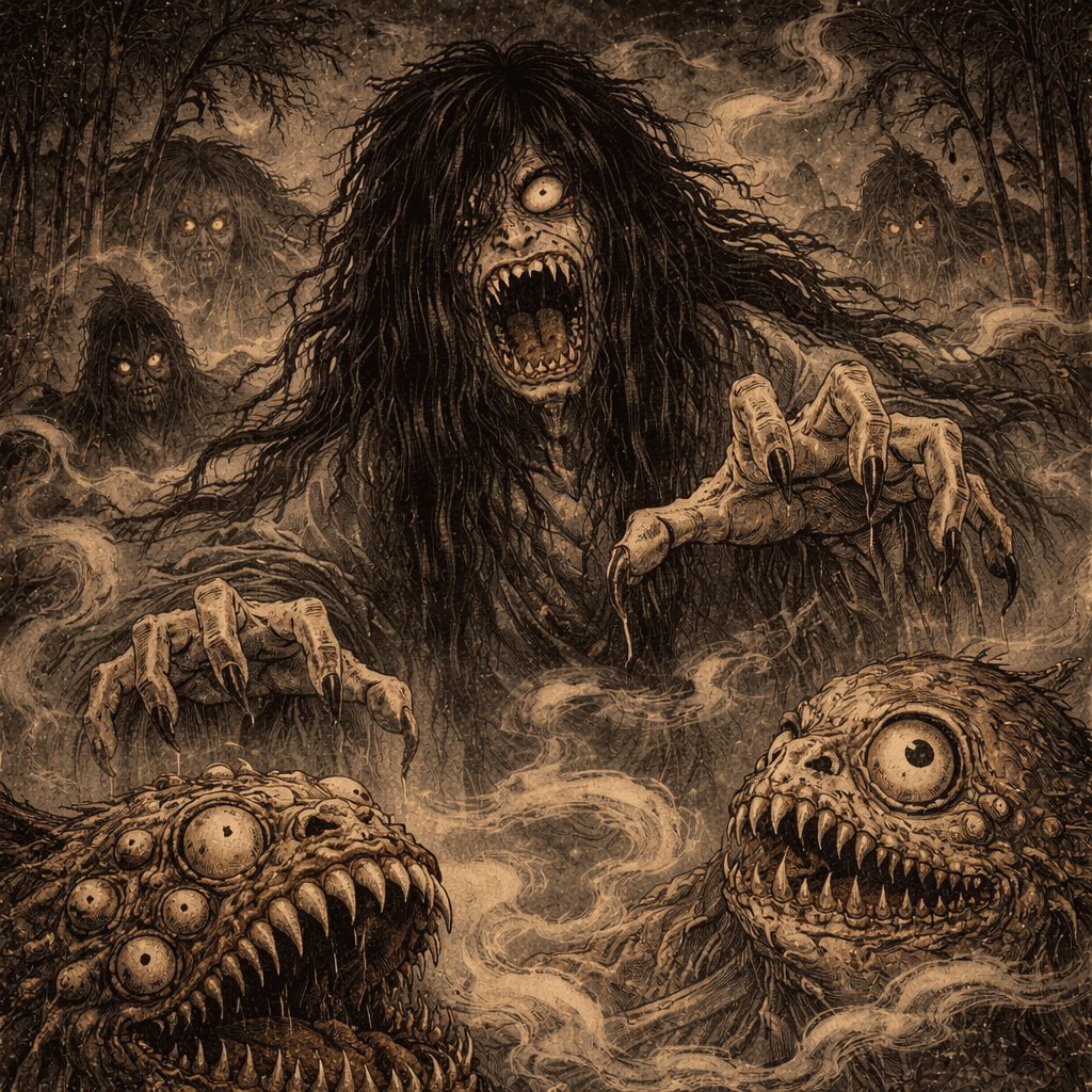 Realistic AI art of a Japanese cursed spirit yokai — the supernatural entities that inspired Jujutsu Kaisen