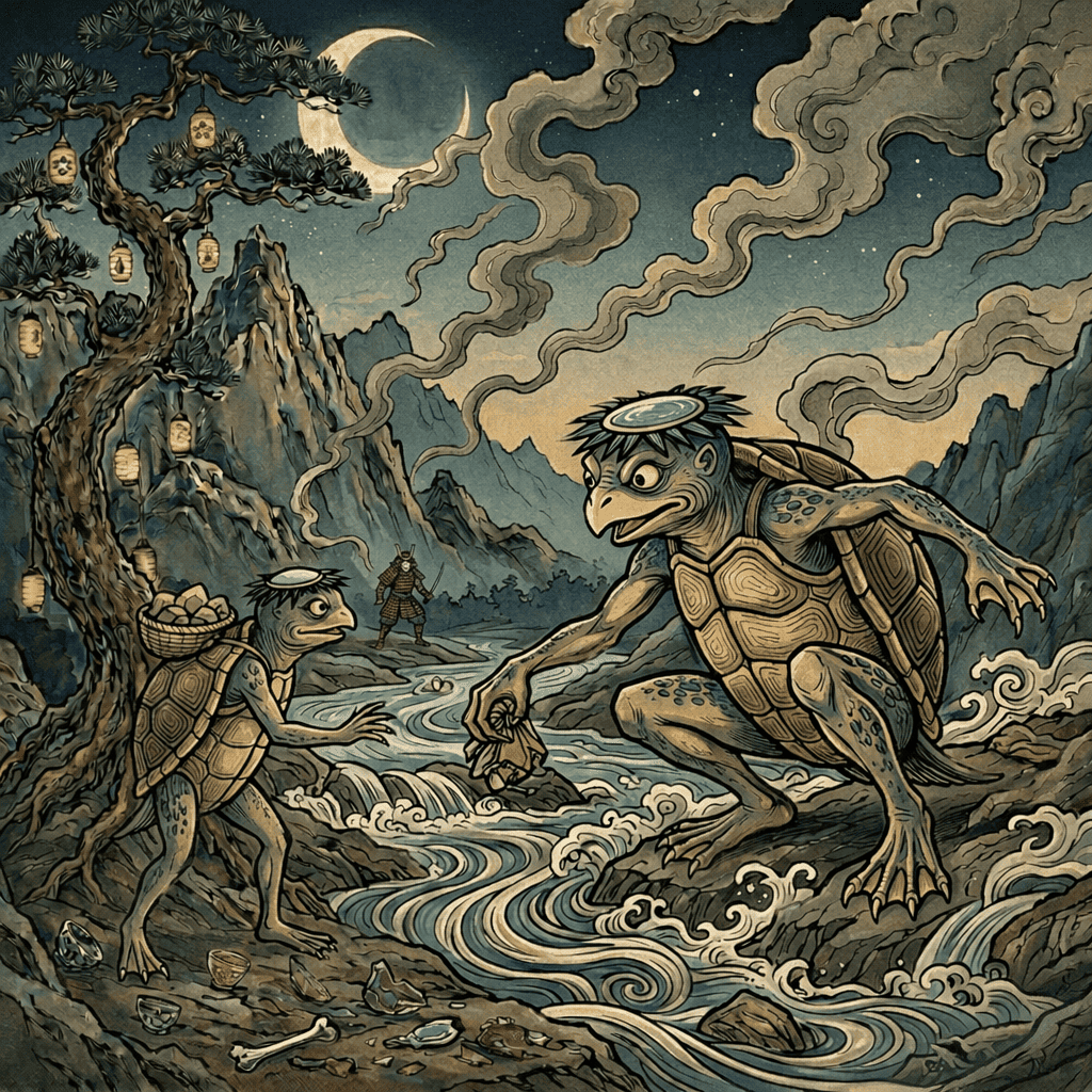 Realistic AI art of Japanese Yokai Kappa — a green river creature with turtle shell