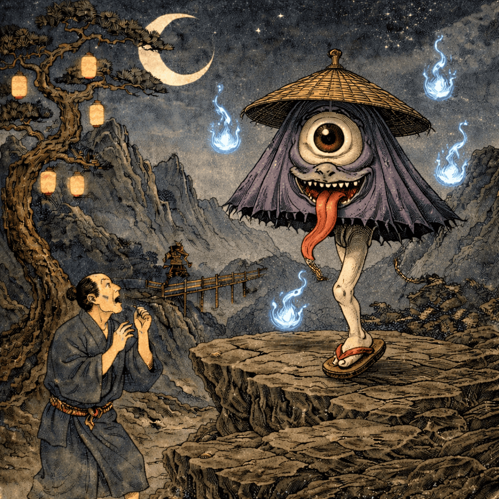 Realistic AI art of Japanese Yokai Kasa-obake — a one-eyed umbrella spirit with one leg