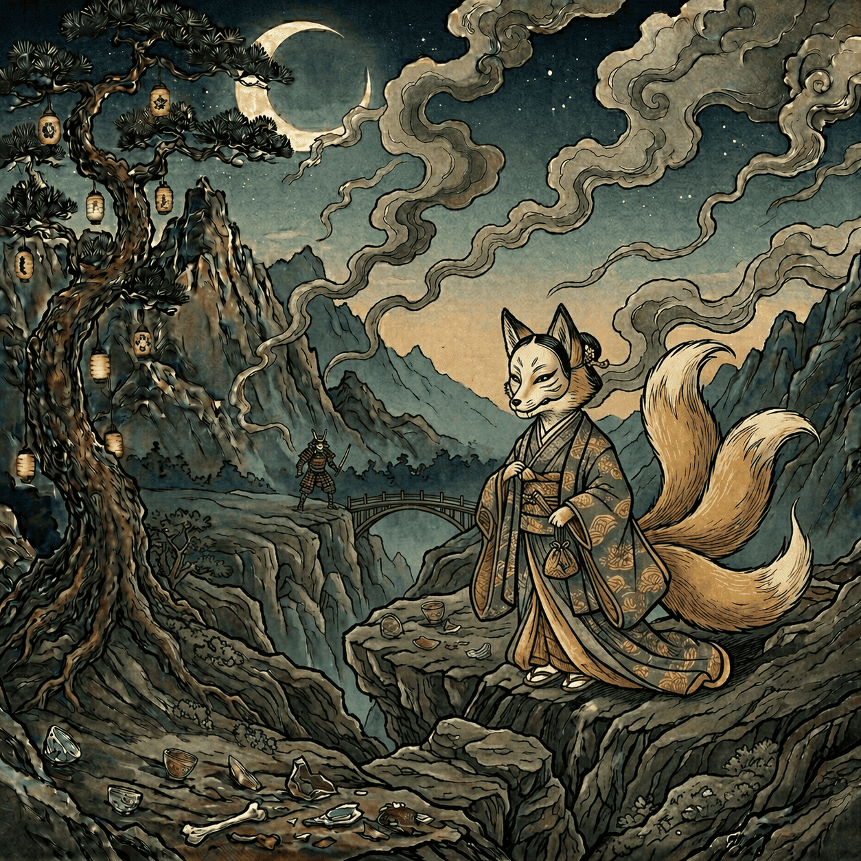 Realistic AI art of Japanese Yokai Kitsune — a nine-tailed fox spirit of Japanese folklore