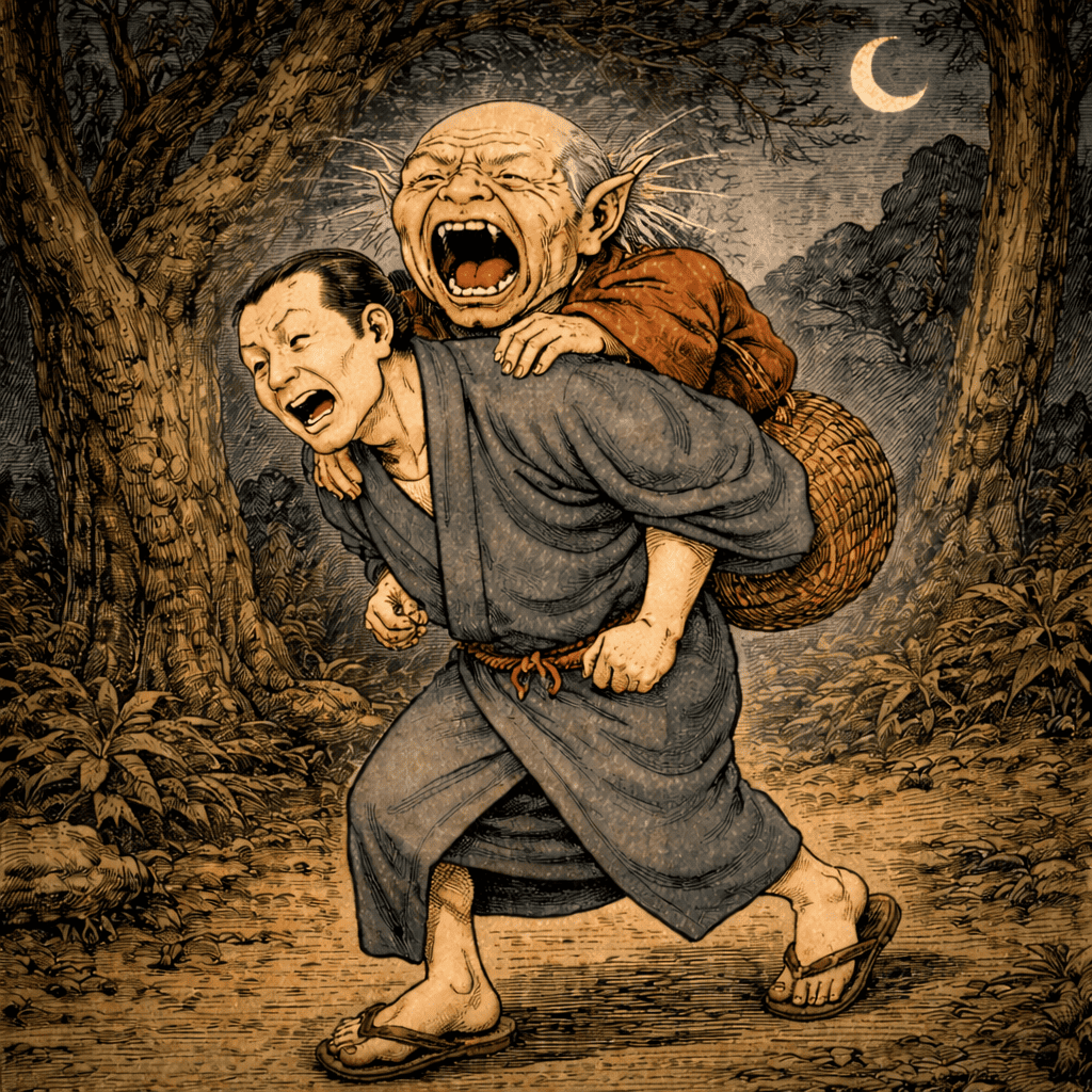 Realistic AI art of Japanese Yokai Konaki-jiji — a baby-crying old man spirit of Shikoku