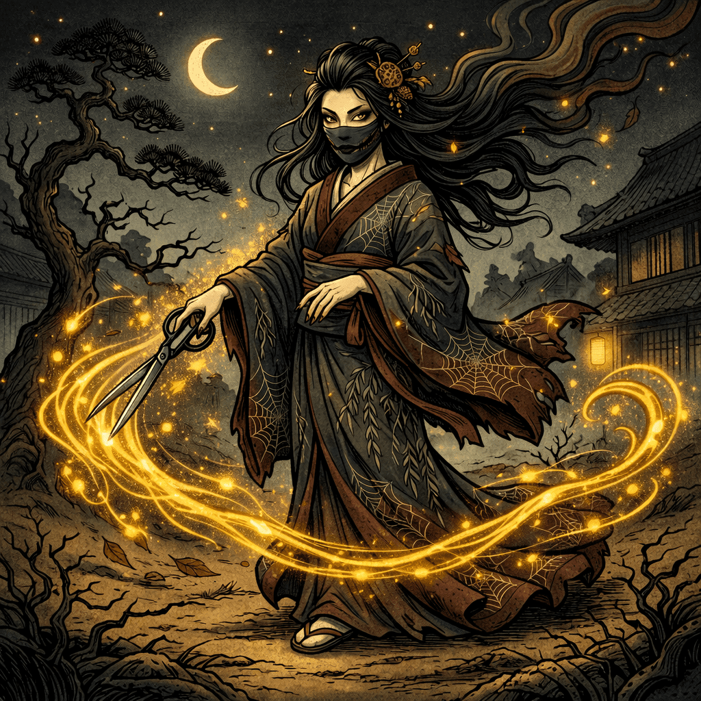 Realistic AI art of Japanese Yokai Kuchisake-onna — a sinister woman with a wide sinister grin