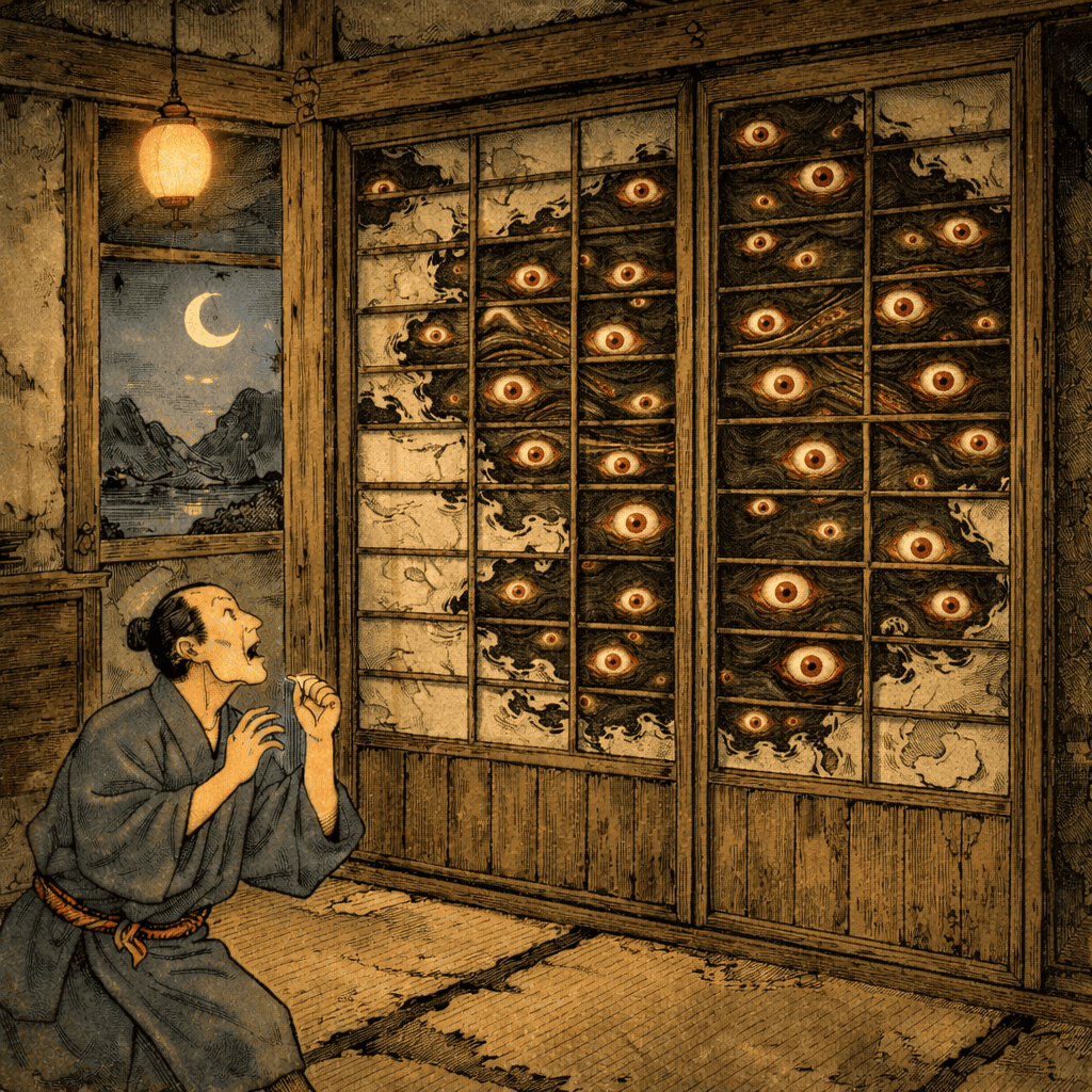 Realistic AI art of Japanese Yokai Mokumokuren — countless eyes appearing on a torn paper screen