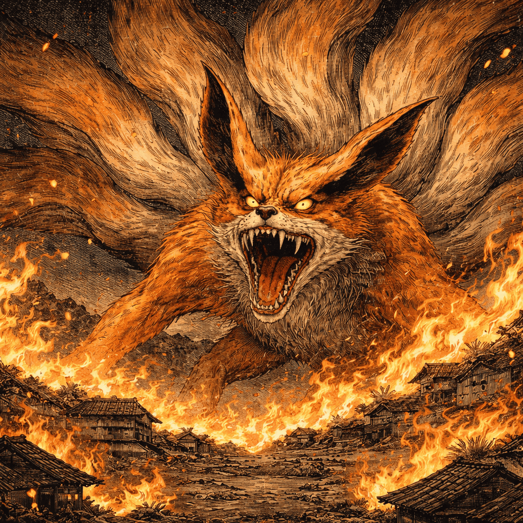 Realistic AI art of a Japanese Kitsune nine-tailed fox — the mythological creature behind Naruto's Nine-Tailed Beast