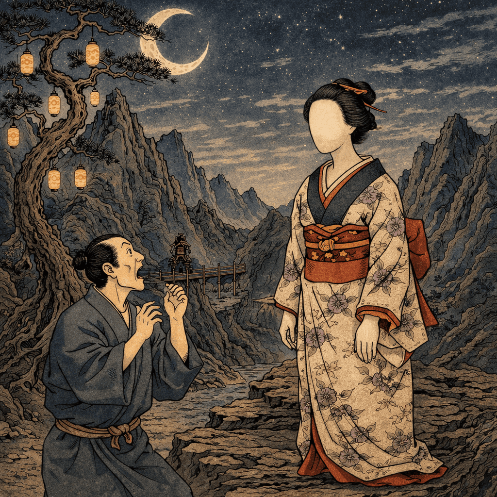 Realistic AI art of Japanese Yokai Noppera-bo — a faceless shapeshifting spirit of Japanese folklore