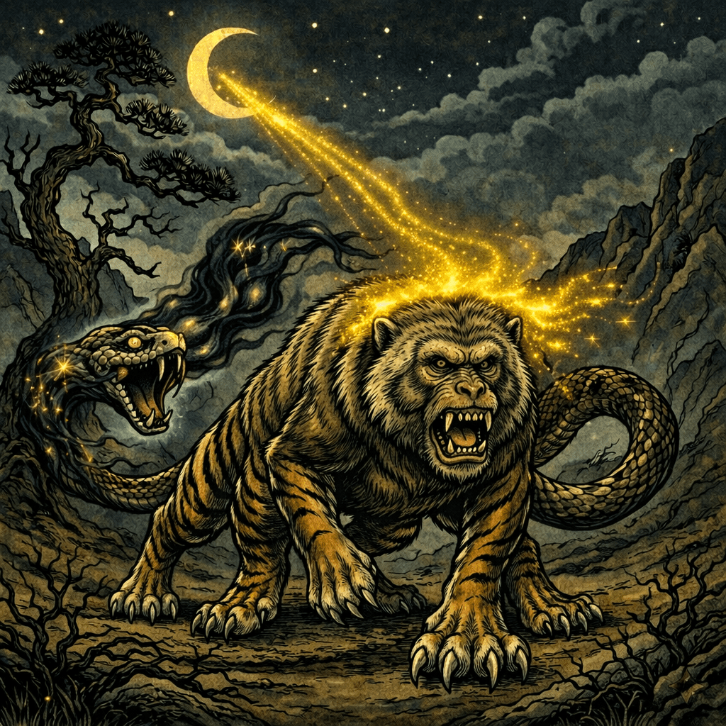 Realistic AI art of Japanese Yokai Nue — a chimera with monkey head and snake tail