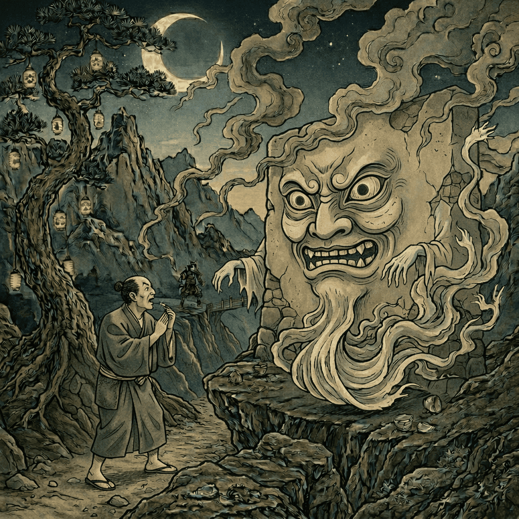 Realistic AI art of Japanese Yokai Nurikabe — a massive invisible wall spirit blocking travelers