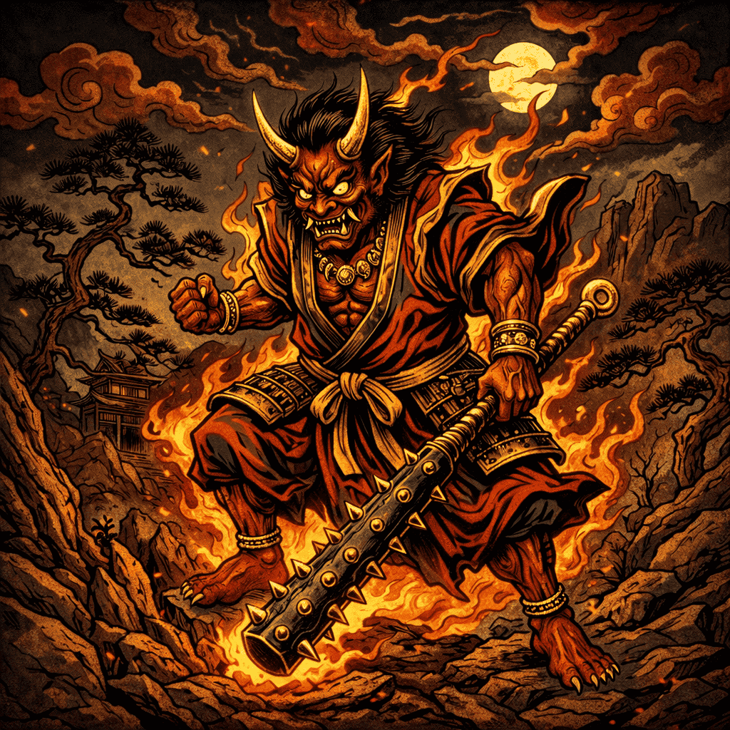 Realistic AI art of Japanese Yokai Oni — a fearsome red horned demon with iron club