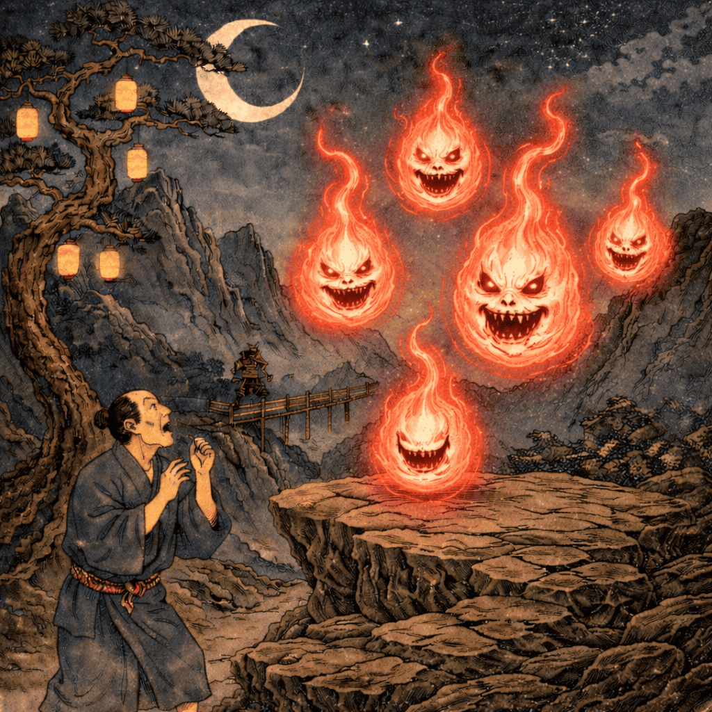 Realistic AI art of Japanese Yokai Onibi — a ghostly blue flame spirit of the dead