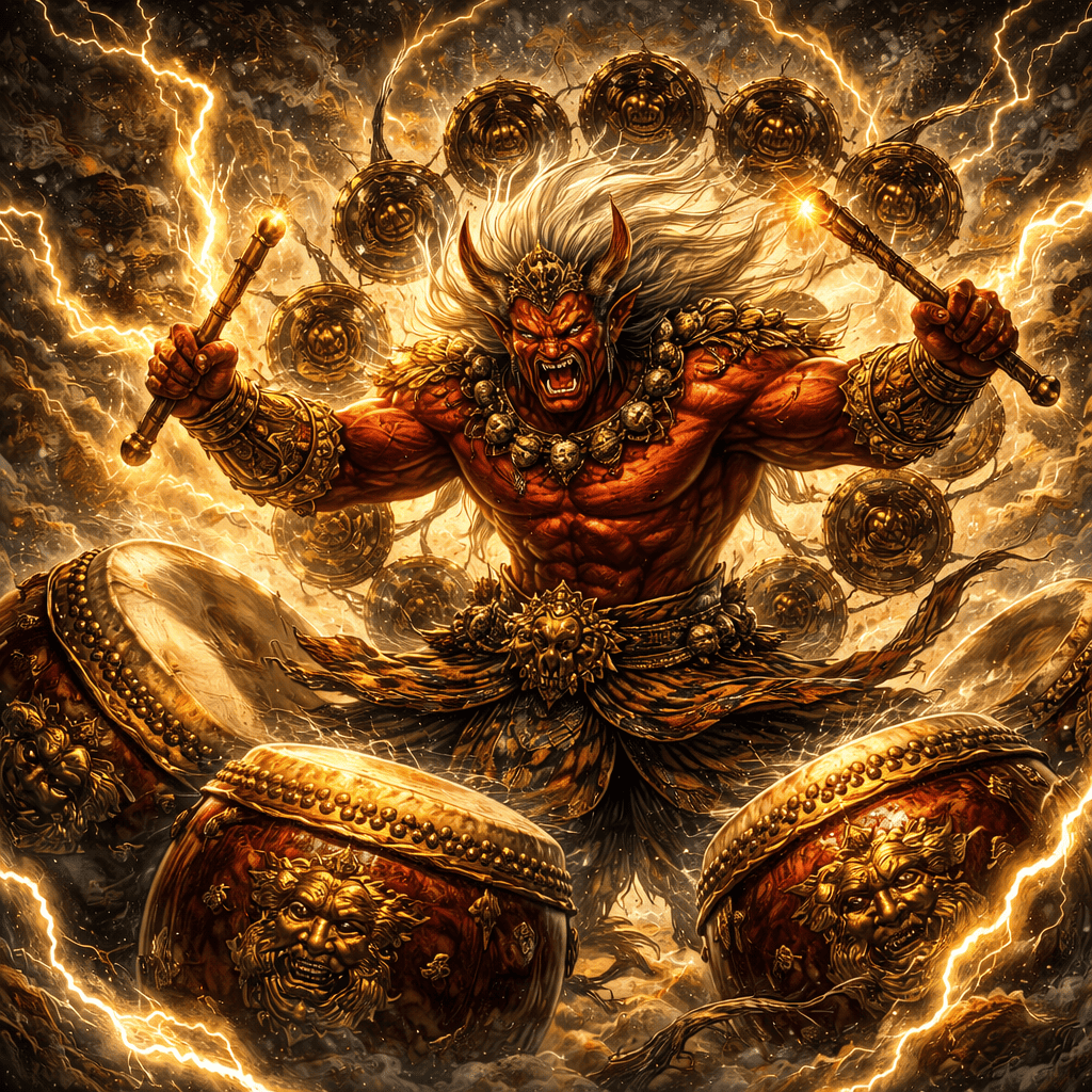 Realistic AI art of Japanese God Raijin — the thunder god with drum surrounded by lightning