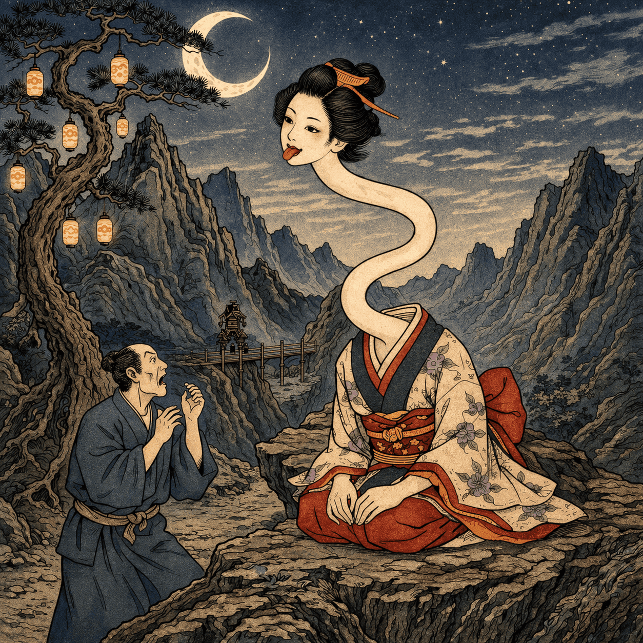 Realistic AI art of Japanese Yokai Rokurokubi — a woman with a supernaturally stretching neck