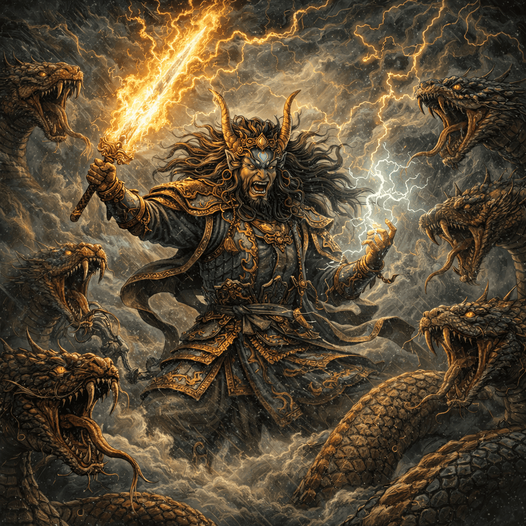 Realistic AI art of Japanese God Susanoo — the storm god who slew the eight-headed dragon