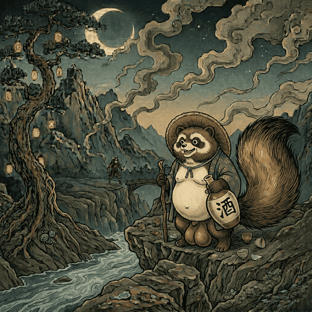 Realistic AI art of Japanese Yokai Tanuki — a shape-shifting raccoon dog trickster spirit