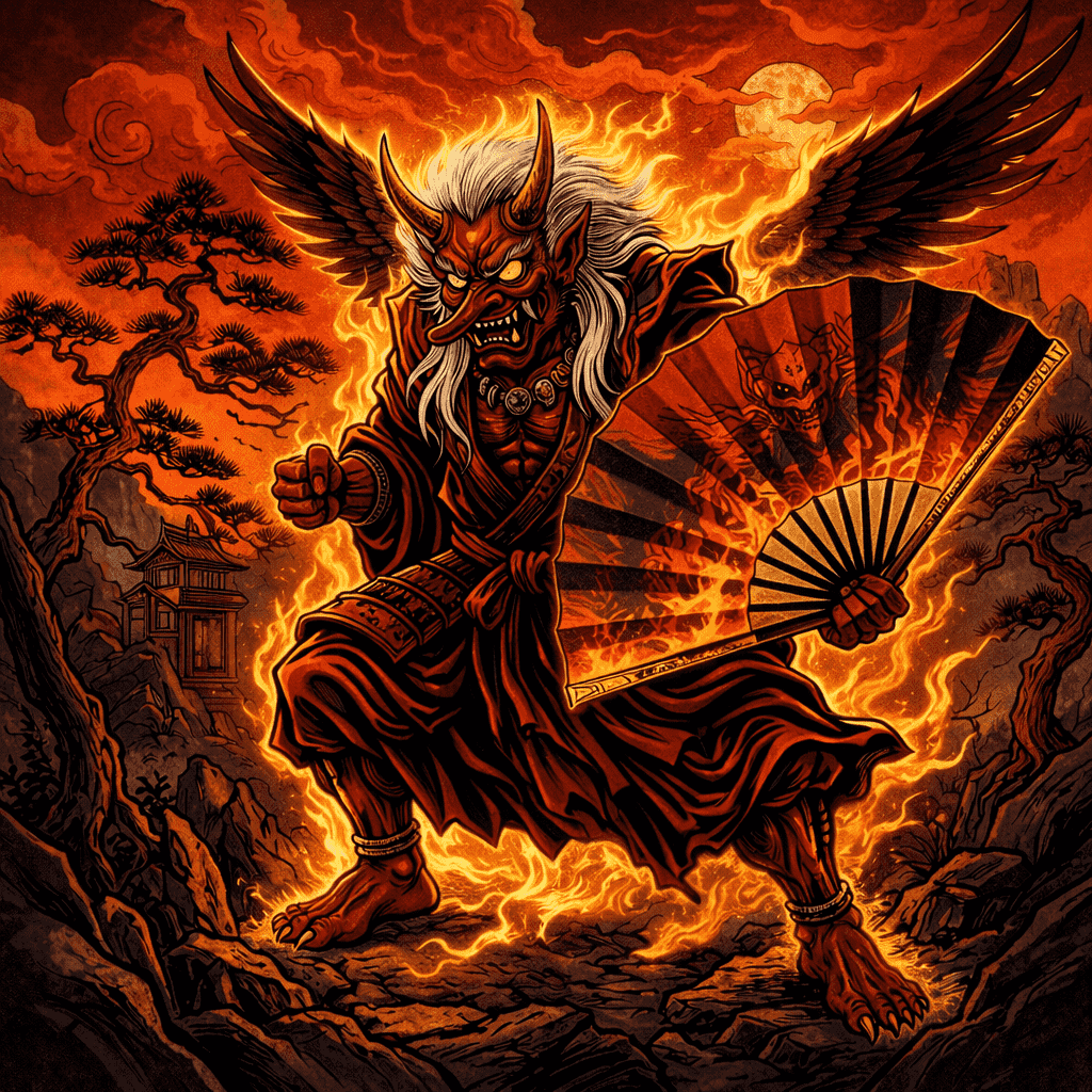 Realistic AI art of Japanese Yokai Tengu — a mountain demon with wings and long nose