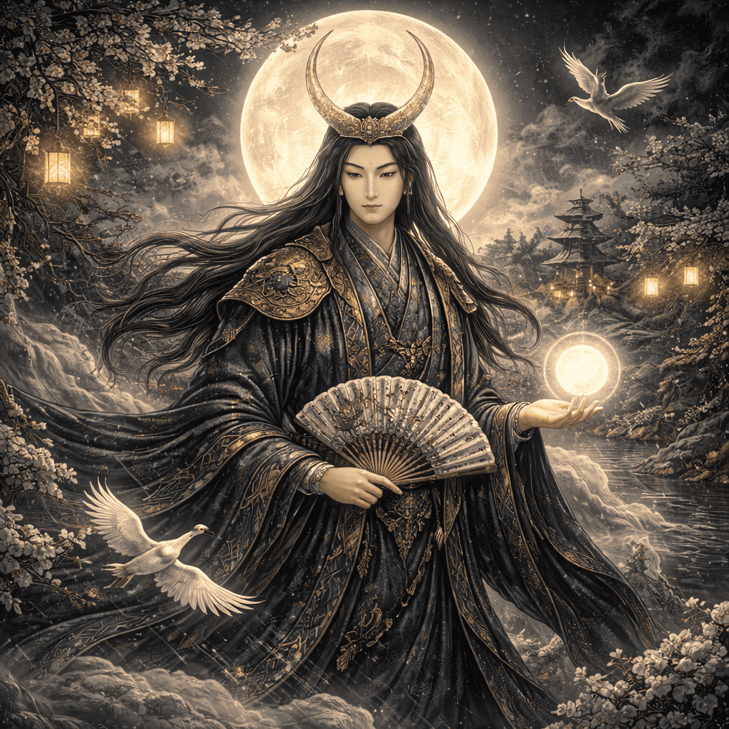 Realistic AI art of Japanese God Tsukuyomi — the mysterious moon god of Shinto mythology