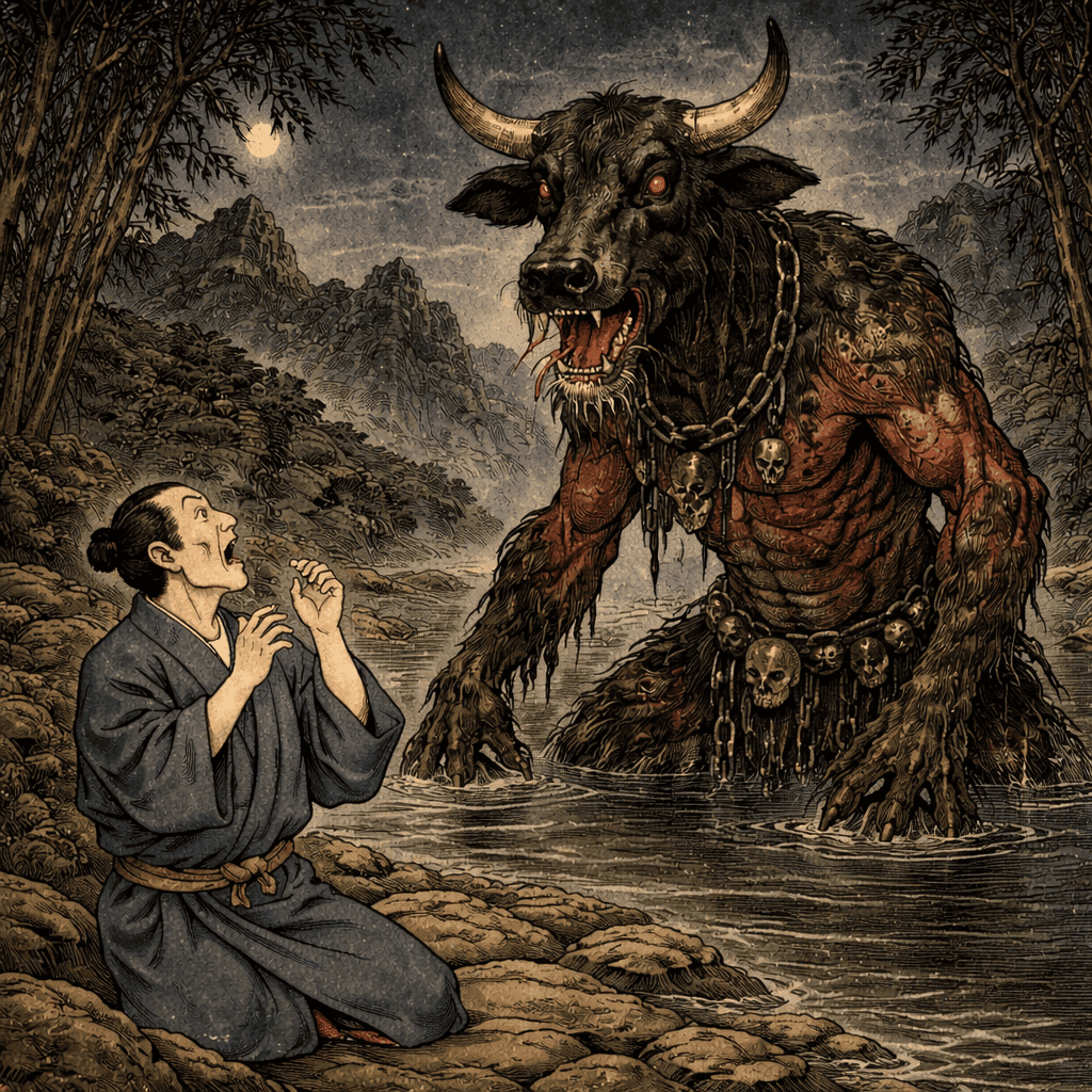 Realistic AI art of Japanese Yokai Ushi-oni — a fearsome bull-headed sea demon of western Japan