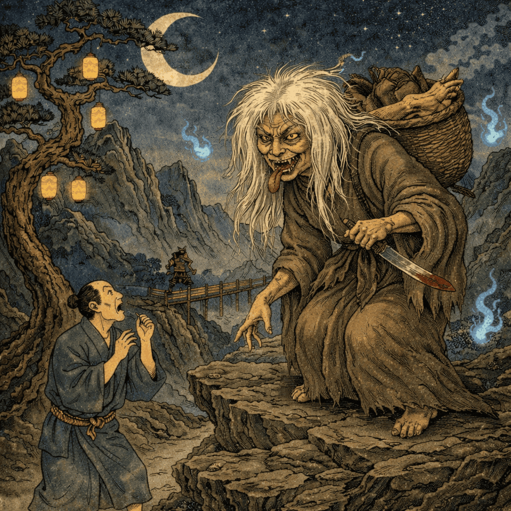 Realistic AI art of Japanese Yokai Yamamba — a terrifying old woman mountain witch