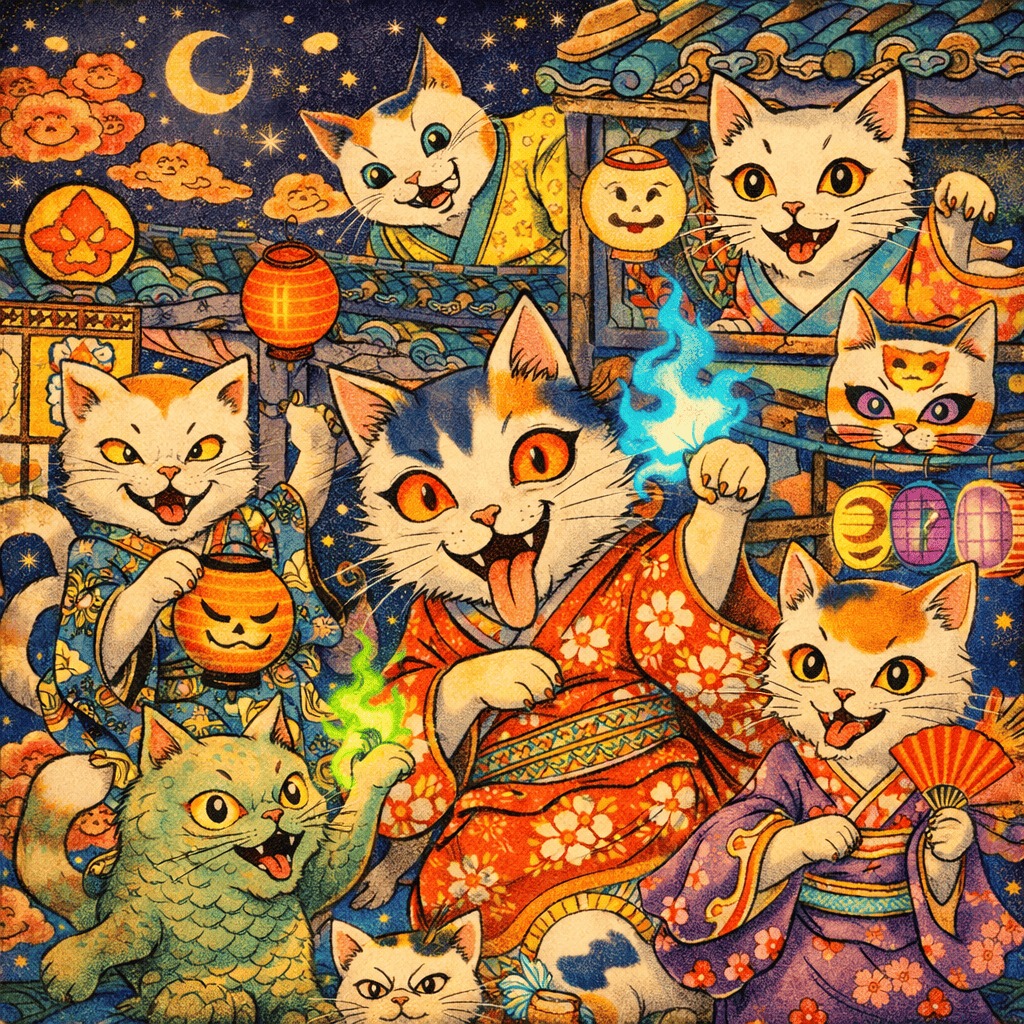 Realistic AI art of a Japanese Bakeneko cat demon — the supernatural cat spirit that inspired Yokai Watch's Jibanyan