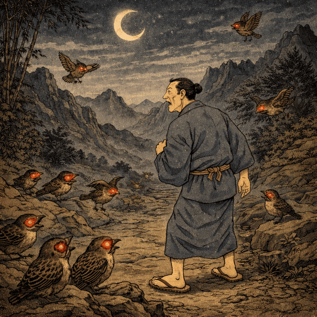 Realistic AI art of Japanese Yokai Yosuzume — an ominous night sparrow that brings bad luck