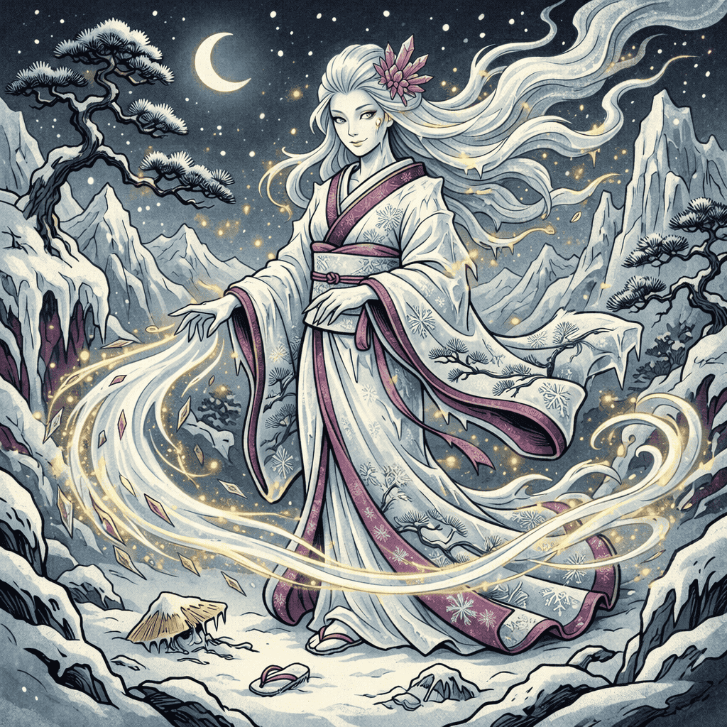 Realistic AI art of Japanese Yokai Yuki-onna — a ghostly snow woman with pale skin and dark eyes