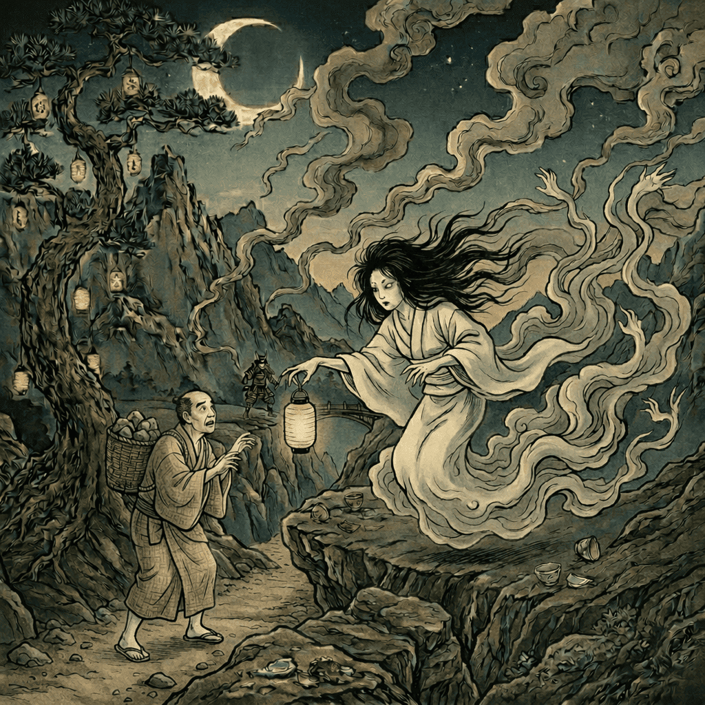 Realistic AI art of Japanese Yokai Yurei — a vengeful ghost in white kimono with black hair