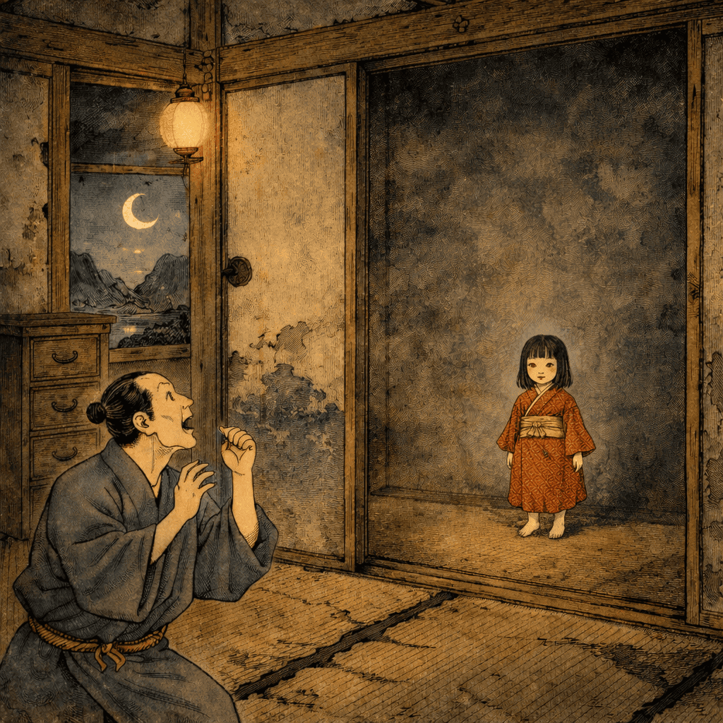 Realistic AI art of Japanese Yokai Zashiki-warashi — a child spirit that brings fortune to old houses