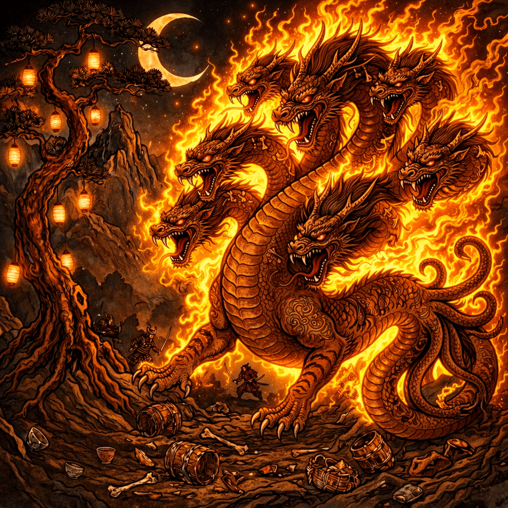 Realistic AI art of Legendary Japanese Yokai Yamata no Orochi — an eight-headed dragon serpent
