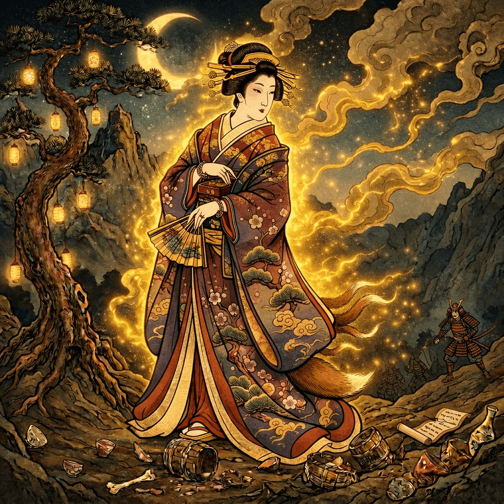 Realistic AI art of Legendary Japanese Yokai Tamamo-no-Mae — a nine-tailed fox disguised as a beautiful court lady