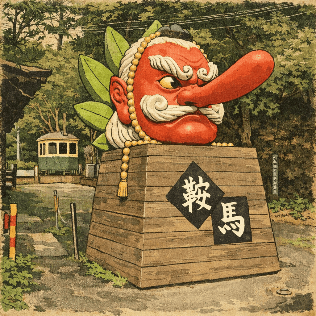The Great Tengu statue at Kurama Station — the iconic red-faced daitengu that symbolizes the mountain