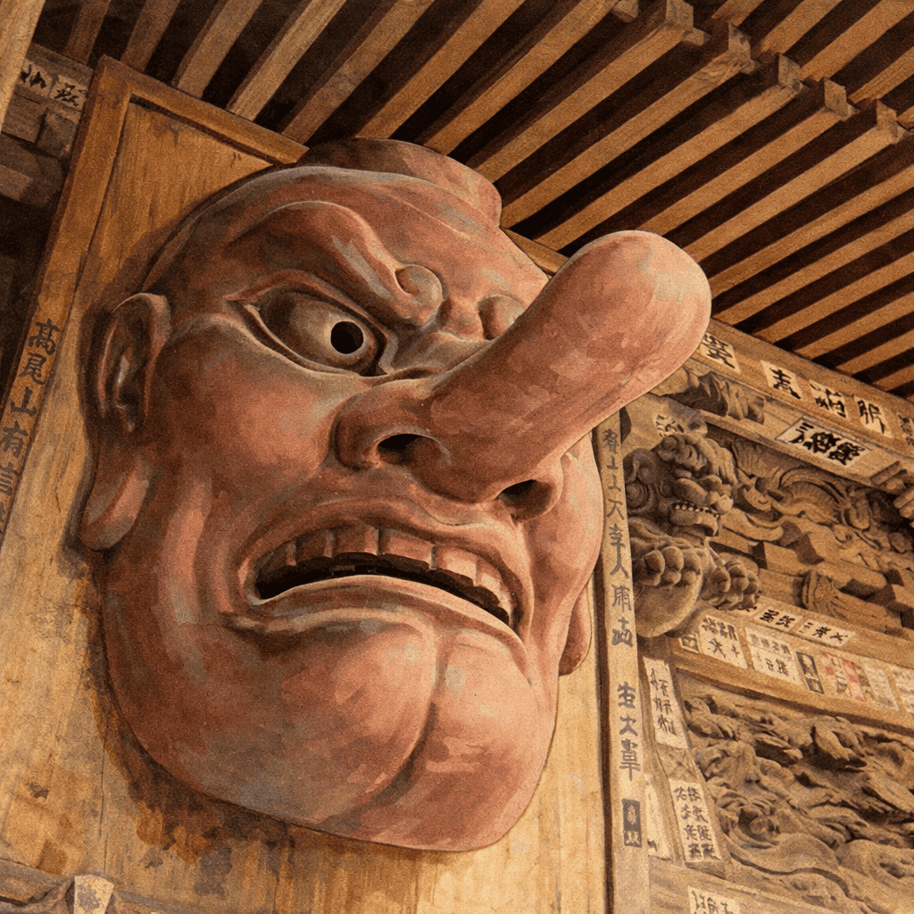 Daitengu mask at Mount Takao Yakuoin — the fierce long-nosed tengu guarding the temple entrance