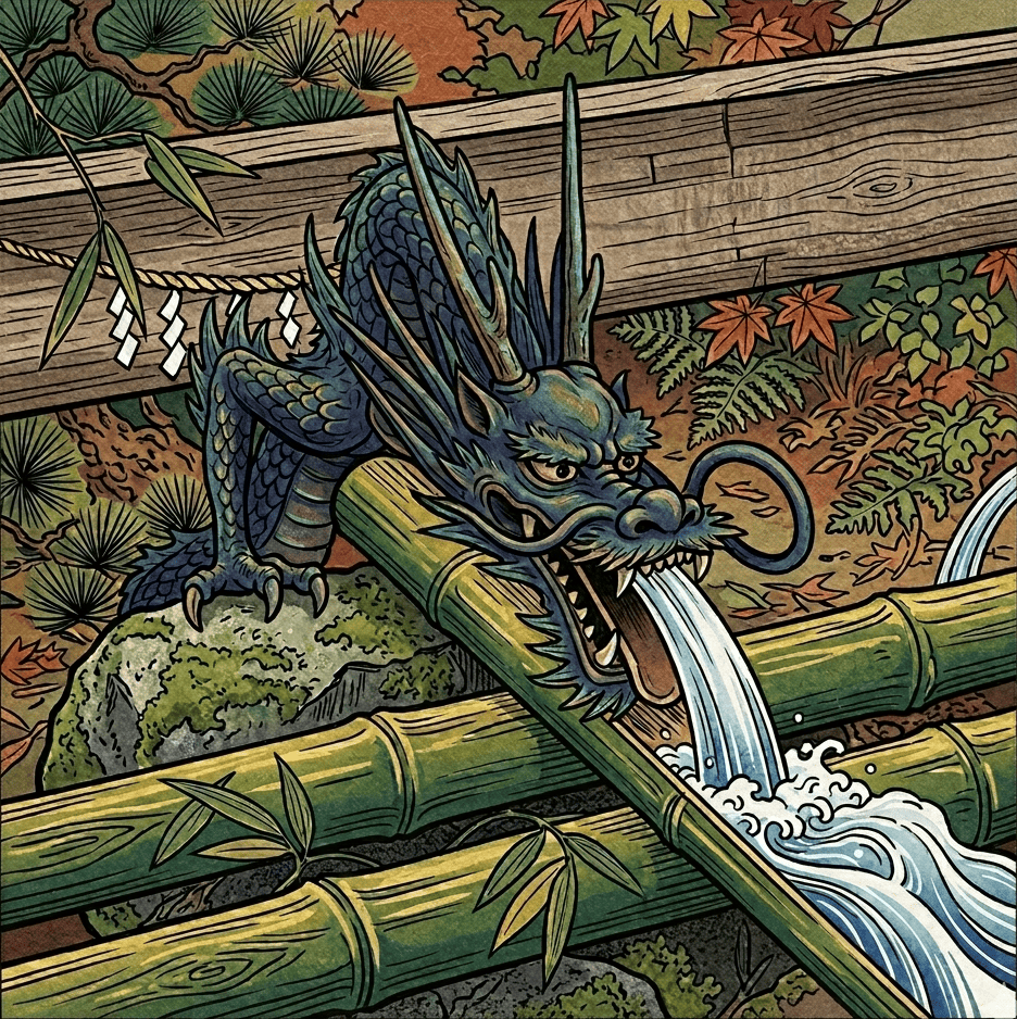 The dragon-shaped chozuya at Murouryuketsu Shrine — water flowing from the mouth of a stone dragon into a bamboo channel for ritual purification