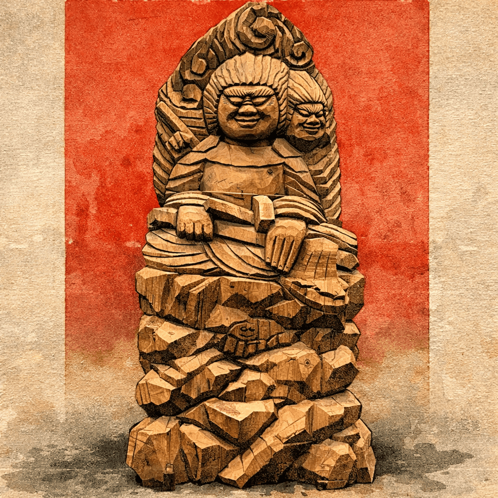 The seated image of Ryomen Sukuna inside Senkoji's Sukuna-do — the two-faced, four-armed founder of the temple rendered as a figure of Buddhist contemplation rather than menace