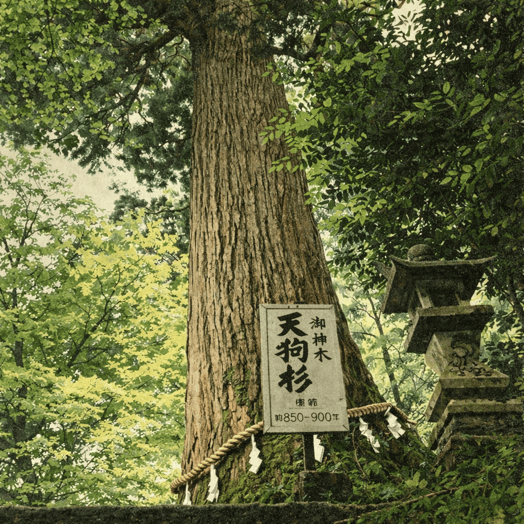 Tengu Cedar at Takasumi Shrine — the sacred 850-900 year old tree where the tengu of Mount Hikosan dwells